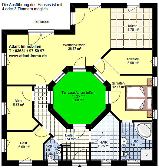 Winkelbungalow mit Atrium 3 / 3 Variante 2 Grundriss Erdgeschoss