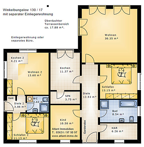 Winkelbungalow 130 / 17 mit Einliegerwohnung Grundriss Erdgeschoss