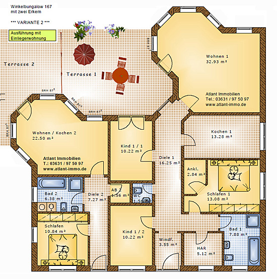 Winkelbungalow 167 mit zwei Erkern und Einliegerwohnung Grundriss Erdgeschoss