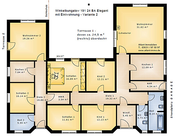 Winkelbungalow 191 / 24 BA mit Einliegerwohnung Grundrissvorschlag 2