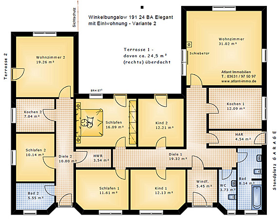 Winkelbungalow 191 / 24 BA mit Einliegerwohnung Grundrissvorschlag 2