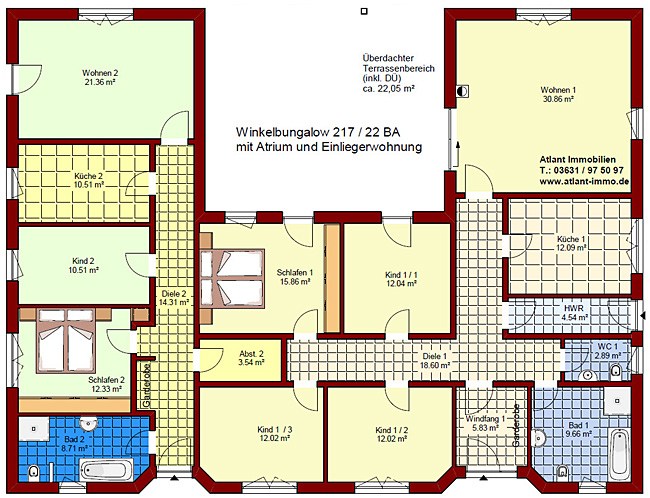 Winkelbungalow 217 / 22 BA mit Einliegerwohnung und Atrium Grundriss Erdgeschoss